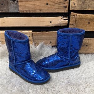 UGG Classic Short Sparkles Electric Blue Boots Size 6 Women's Sequined Sheepskin
